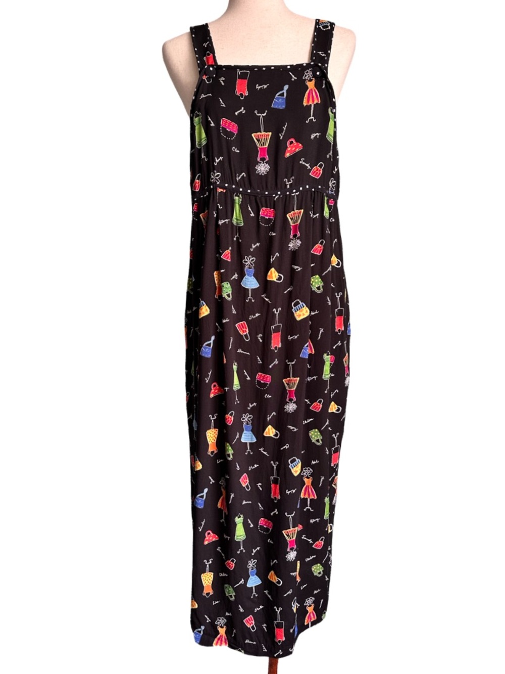 90’s Vintage Cottagecore Jumper Dress Black Dress Purse Print‎ Size Medium EUC